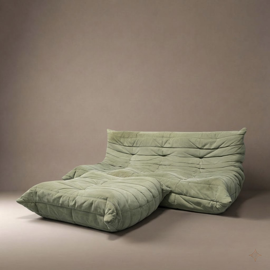 Ligne Roset Vintage Three Seater Togo Sofa & Footstool – Sage Green Alcantara