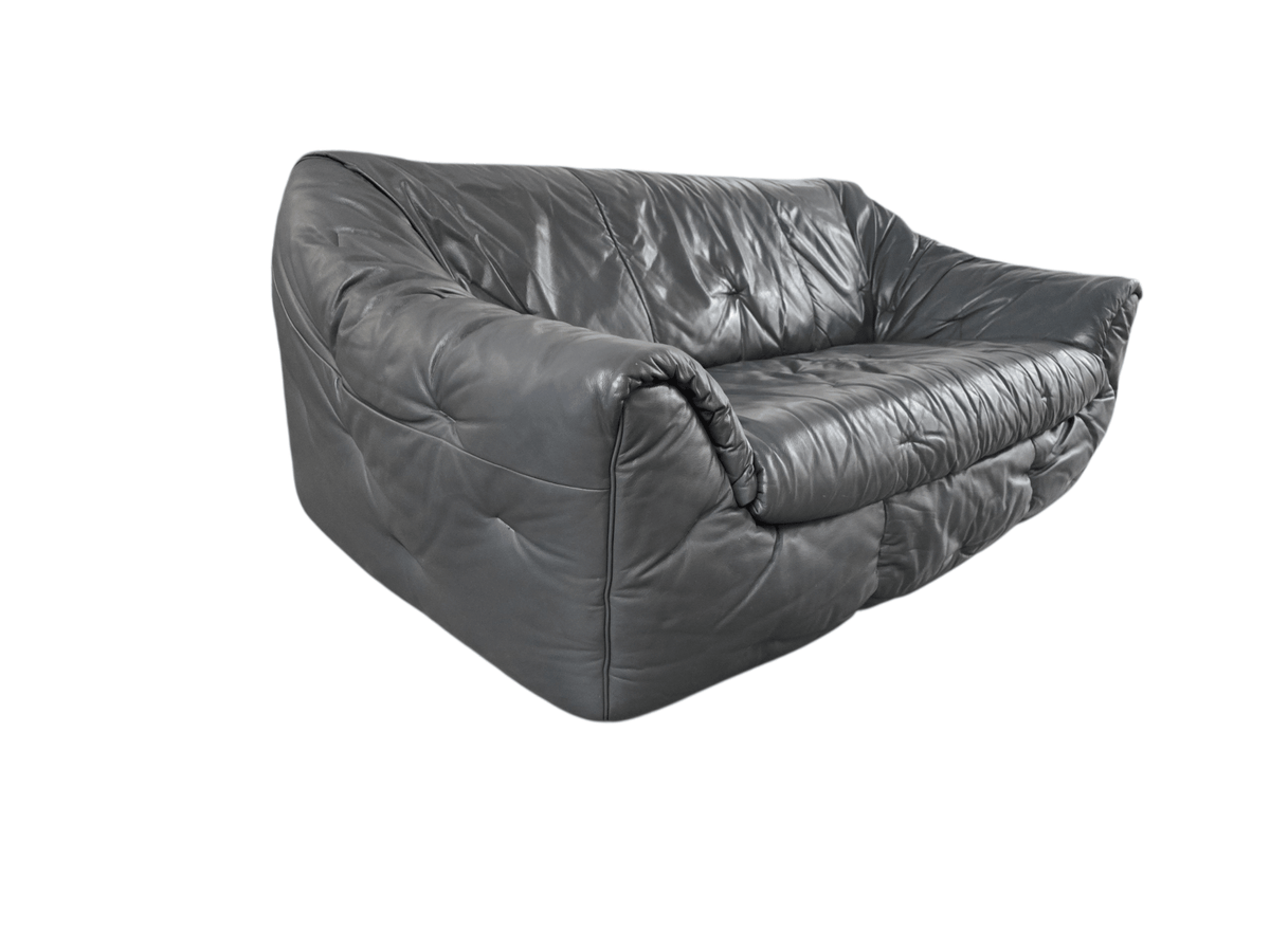 Authentic 1970s Ligne Roset Sloop Sofa | Dark Charcoal Grey Leather | Mid-Century Modern - Opulent Seating