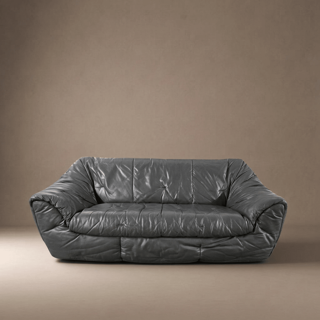 Authentic 1970s Ligne Roset Sloop Sofa | Dark Charcoal Grey Leather | Mid-Century Modern - Opulent Seating