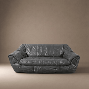 Authentic 1970s Ligne Roset Sloop Sofa | Dark Charcoal Grey Leather | Mid-Century Modern