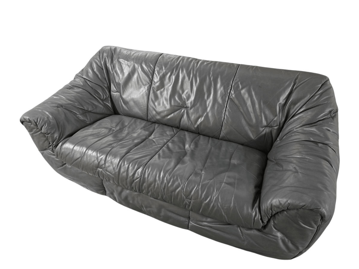 Authentic 1970s Ligne Roset Sloop Sofa | Dark Charcoal Grey Leather | Mid-Century Modern - Opulent Seating