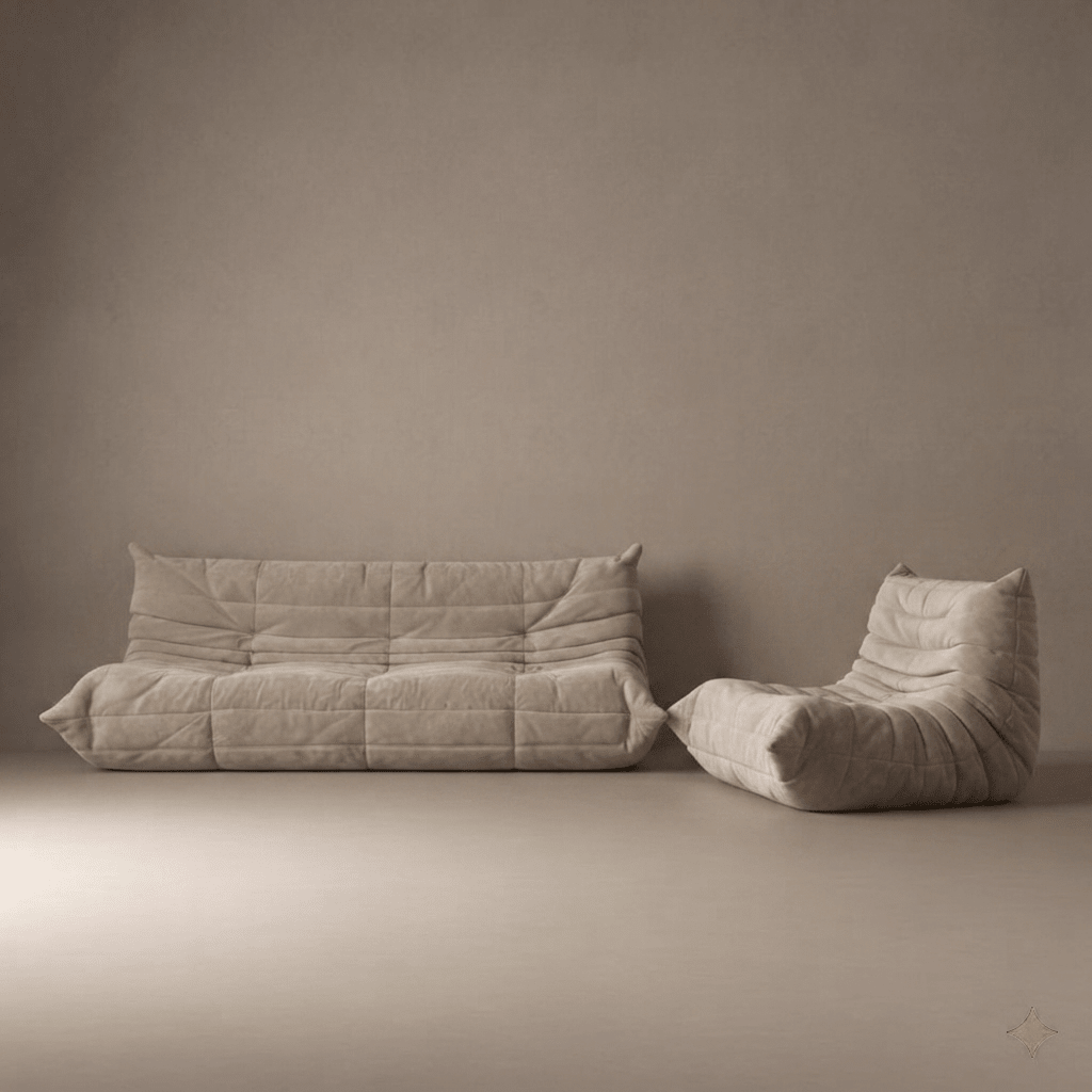 Authentic Ligne Roset Togo 2 Piece Modular Sofa Set in Stone Alcantara - Opulent Seating