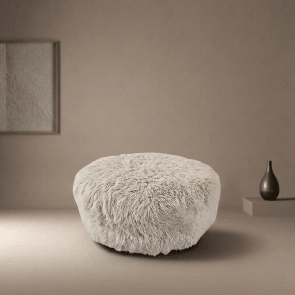 Authentic Timothy Oulton "Bao" Sheepskin & Brass Ring Footstool - Opulent Seating
