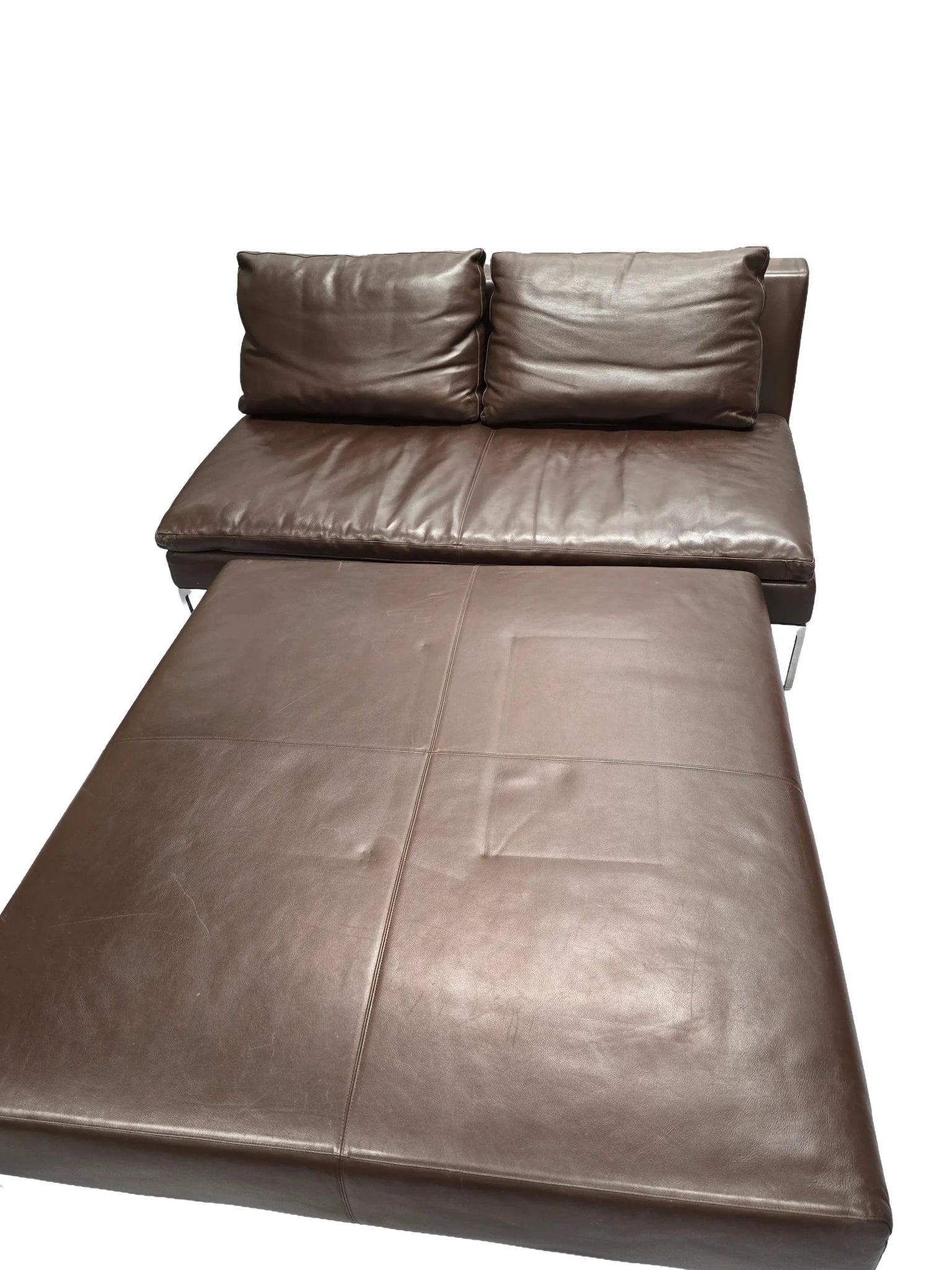 B&B Italia Brown Leather Two Seater Sofa & Large Footstool - Opulent Seating