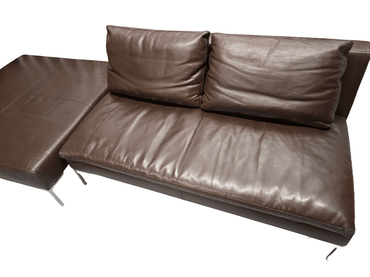 B&B Italia Brown Leather Two Seater Sofa & Large Footstool - Opulent Seating