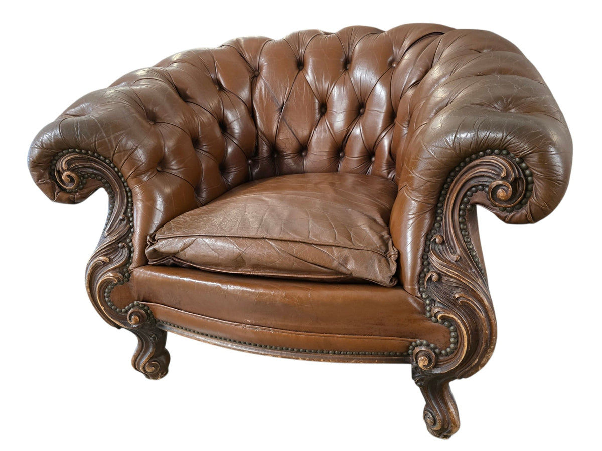 Chesterfield Brown Vintage Leather Armchair Carved Wooden Legs - Opulent Seating
