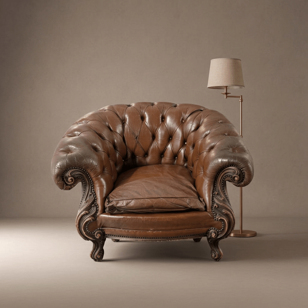 Chesterfield Brown Vintage Leather Armchair Carved Wooden Legs - Opulent Seating