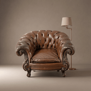 Chesterfield Brown Vintage Leather Armchair Carved Wooden Legs