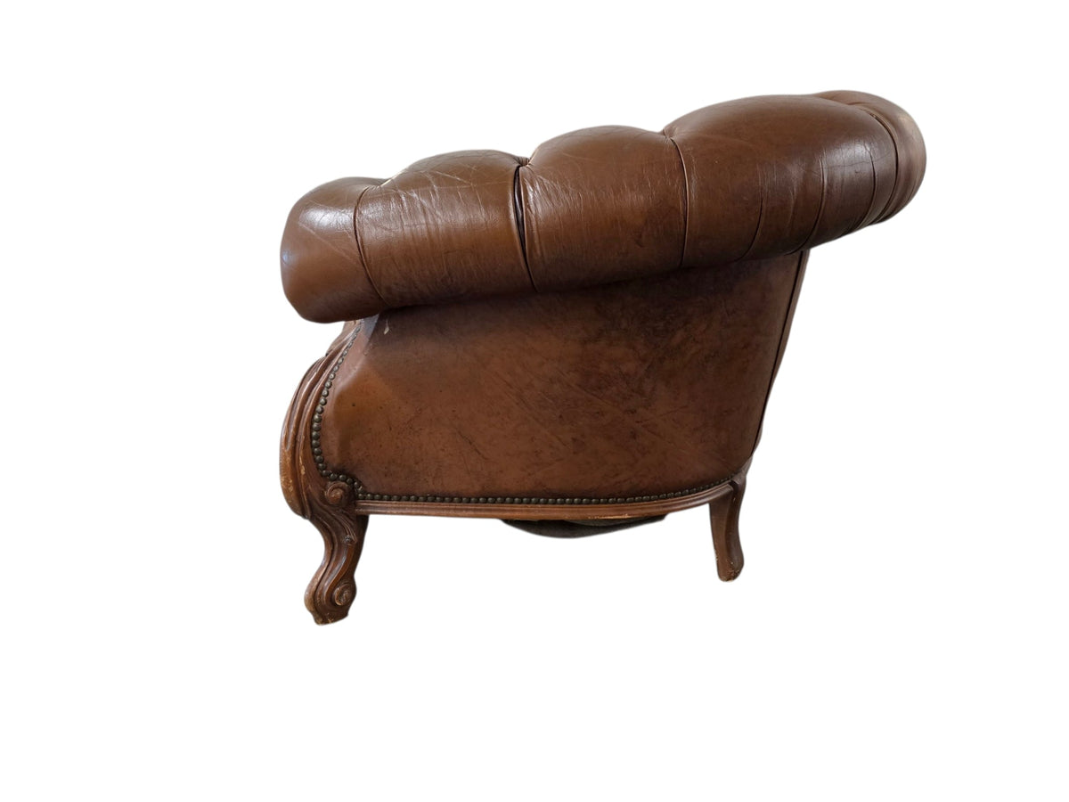 Chesterfield Brown Vintage Leather Armchair Carved Wooden Legs - Opulent Seating