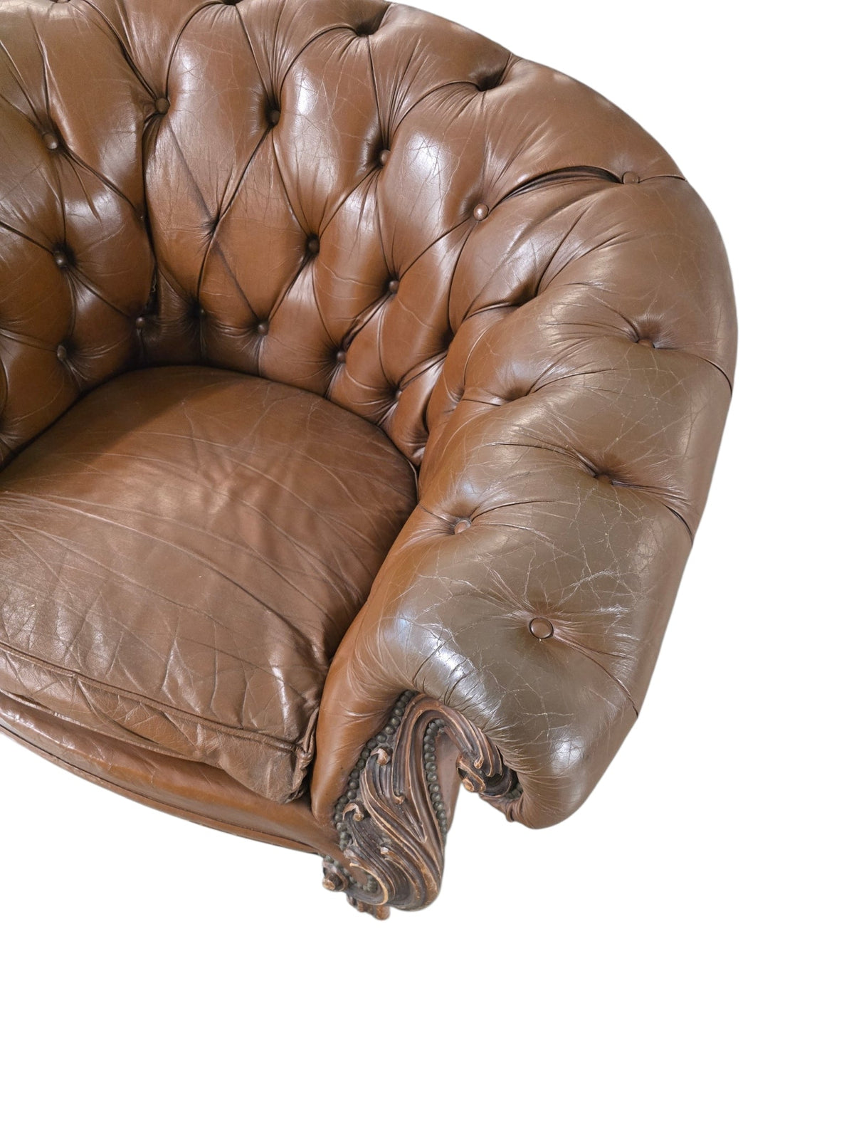 Chesterfield Brown Vintage Leather Armchair Carved Wooden Legs - Opulent Seating