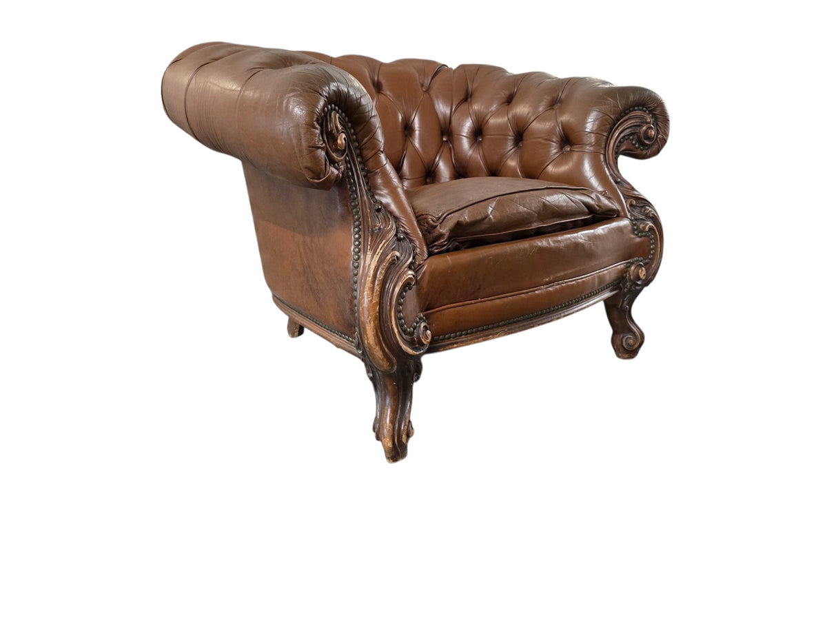 Chesterfield Brown Vintage Leather Armchair Carved Wooden Legs - Opulent Seating