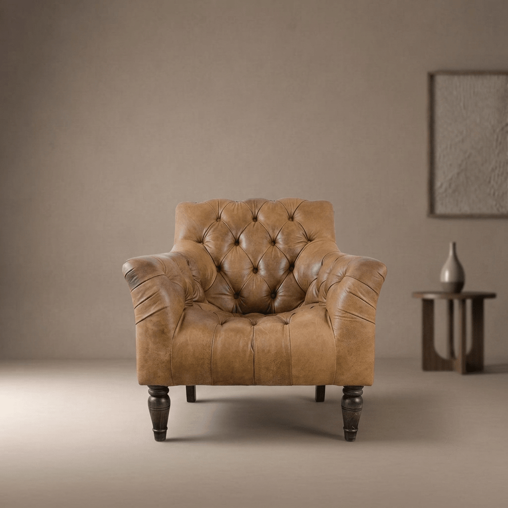 John Lewis Tetrad Leather Brown Skittle Armchair - Opulent Seating