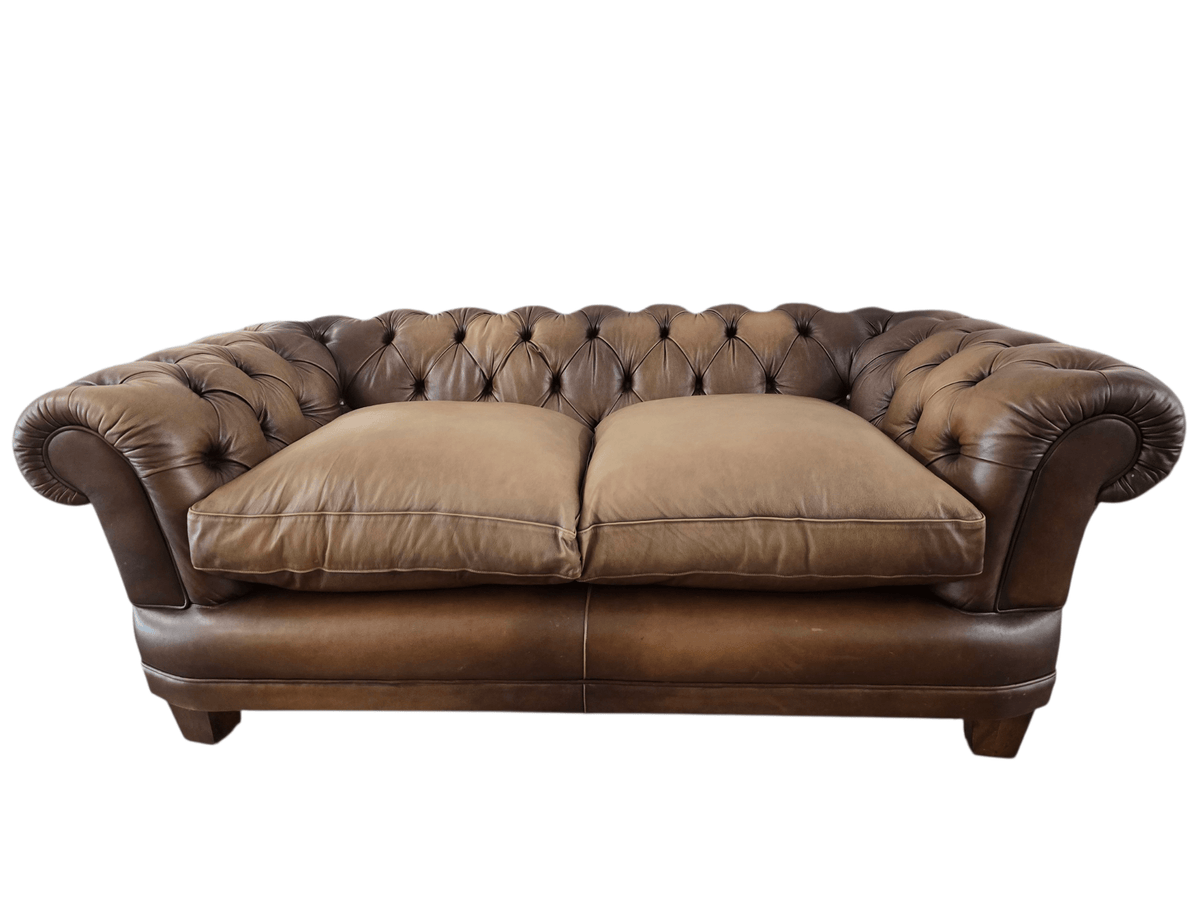 John Lewis Two Seater Chatsworth Chesterfield Leather Sofa – Antiqued Brown - Opulent Seating