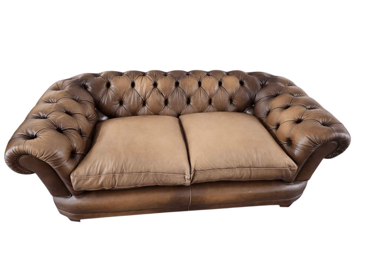 John Lewis Two Seater Chatsworth Chesterfield Leather Sofa – Antiqued Brown - Opulent Seating