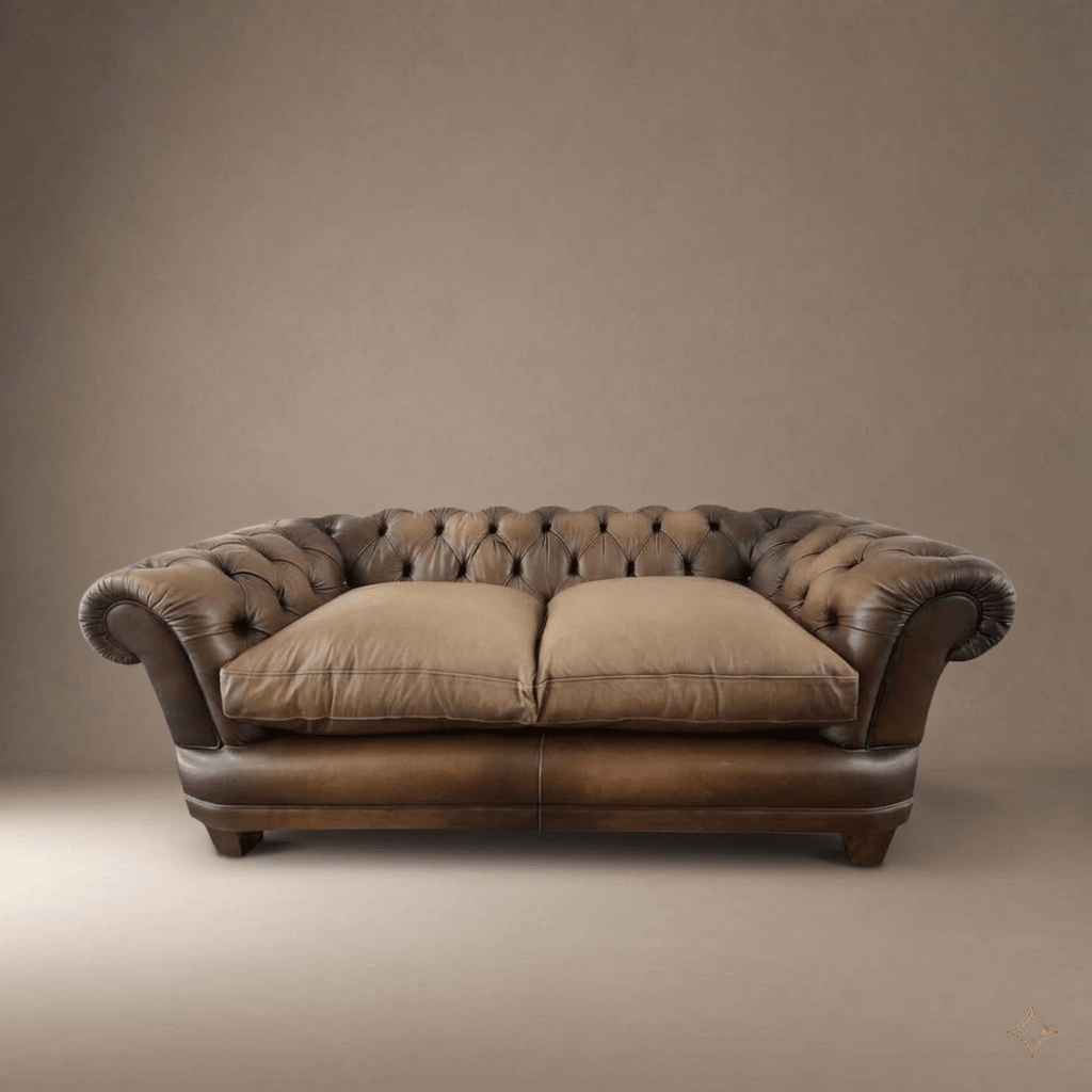 John Lewis Two Seater Chatsworth Chesterfield Leather Sofa – Antiqued Brown - Opulent Seating