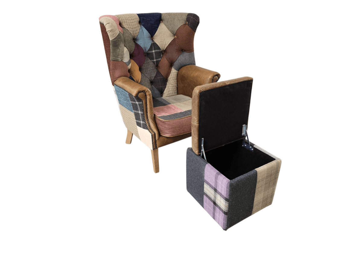 Kensington Vintage Patchwork Chesterfield Harris Tweed Wingback Armchair & Matching Ottoman - Opulent Seating