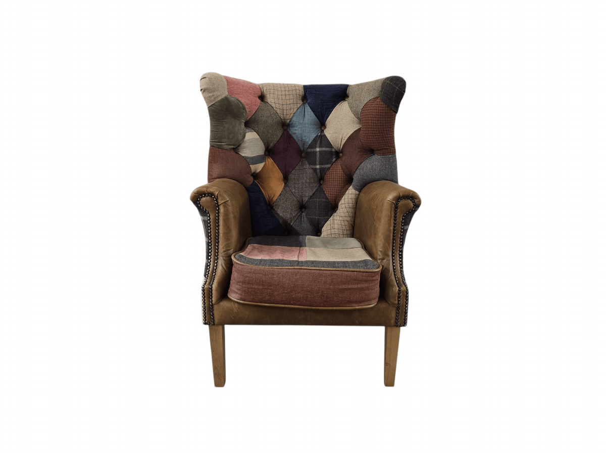 Kensington Vintage Patchwork Chesterfield Harris Tweed Wingback Armchair & Matching Ottoman - Opulent Seating