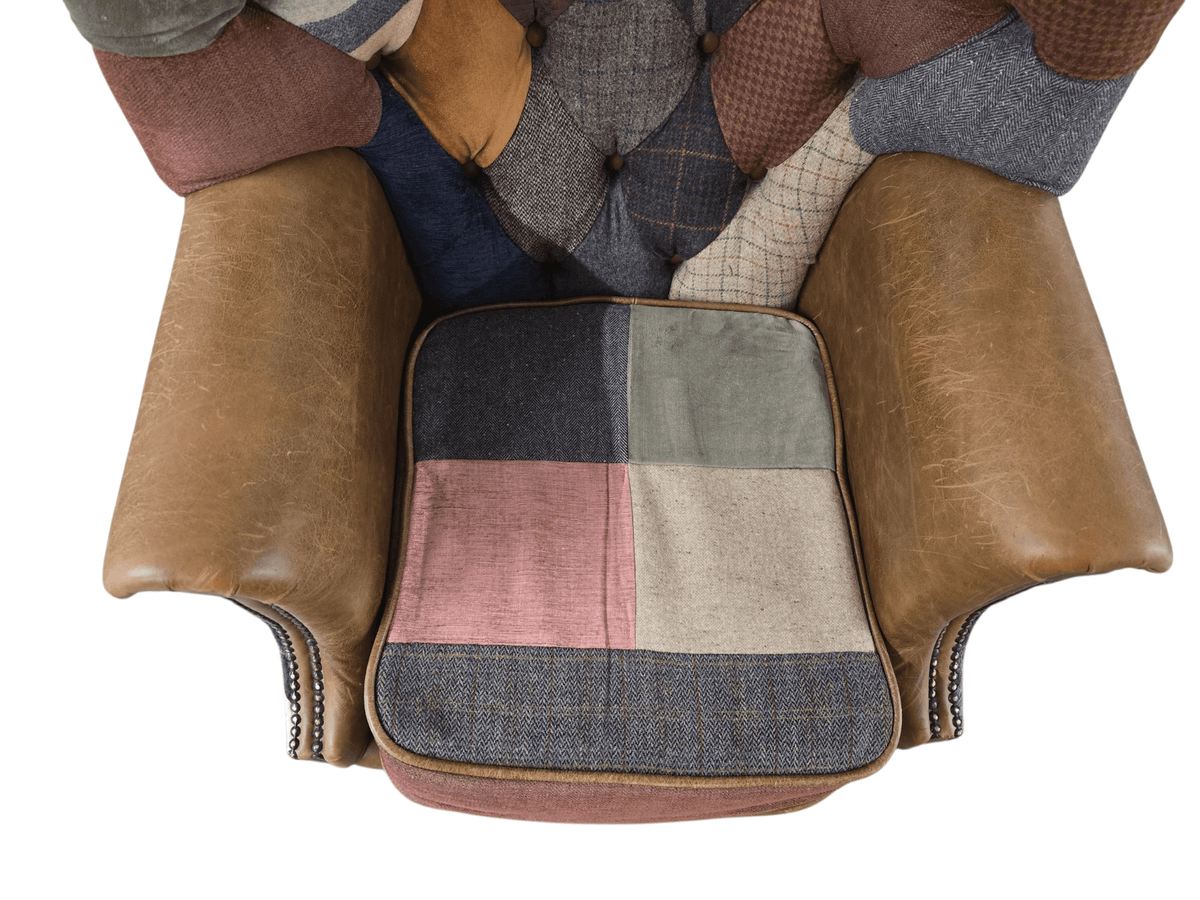 Kensington Vintage Patchwork Chesterfield Harris Tweed Wingback Armchair & Matching Ottoman - Opulent Seating