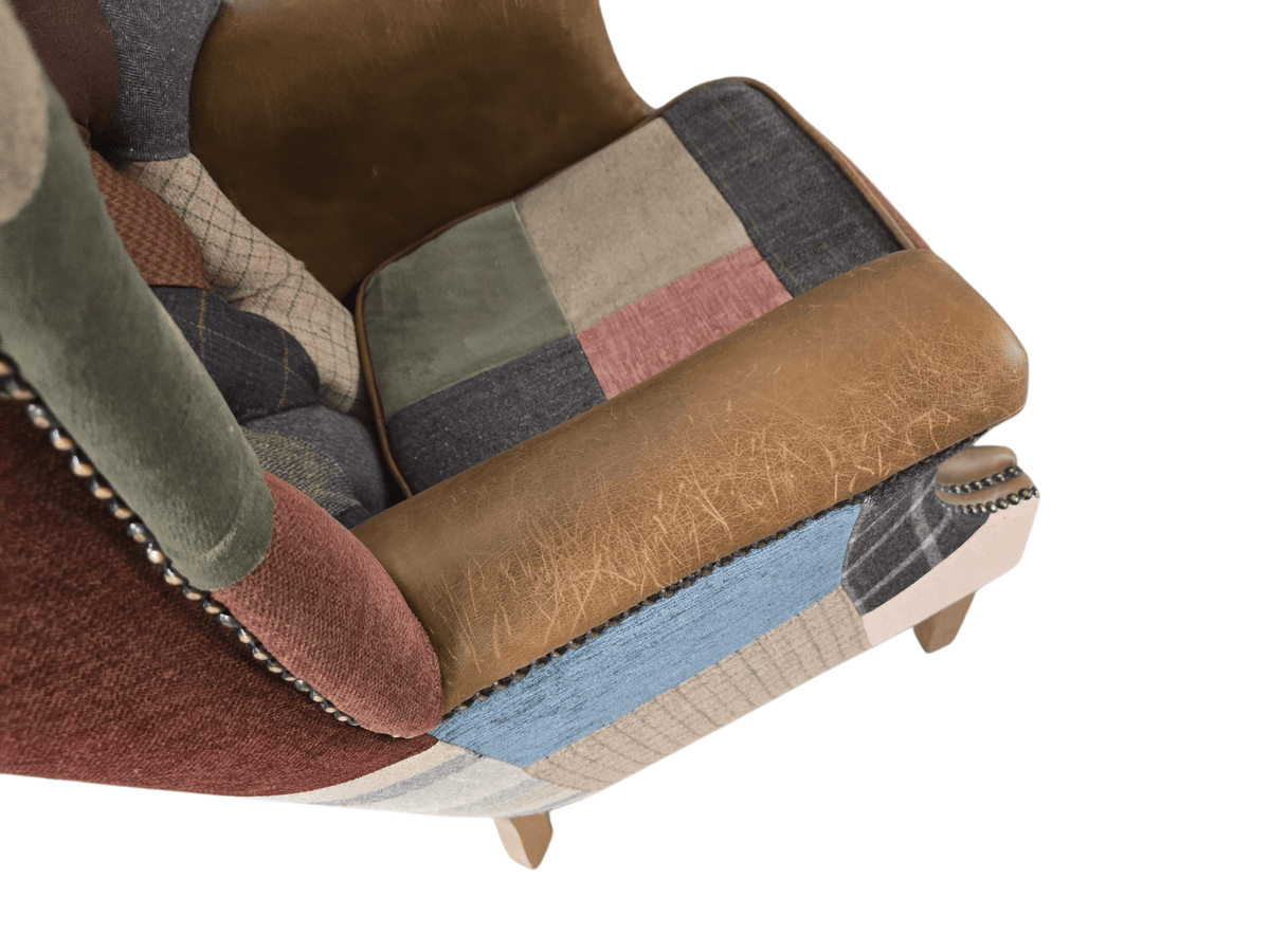 Kensington Vintage Patchwork Chesterfield Harris Tweed Wingback Armchair & Matching Ottoman - Opulent Seating