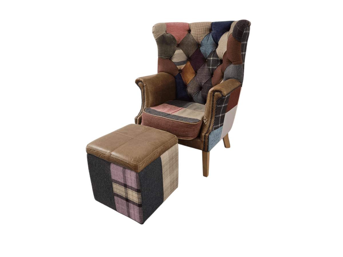 Kensington Vintage Patchwork Chesterfield Harris Tweed Wingback Armchair & Matching Ottoman - Opulent Seating