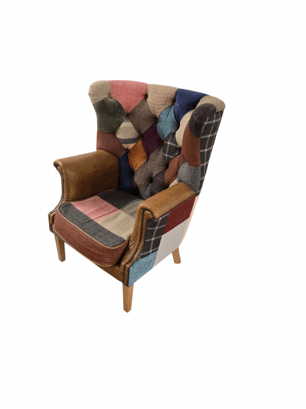 Kensington Vintage Patchwork Chesterfield Harris Tweed Wingback Armchair & Matching Ottoman - Opulent Seating