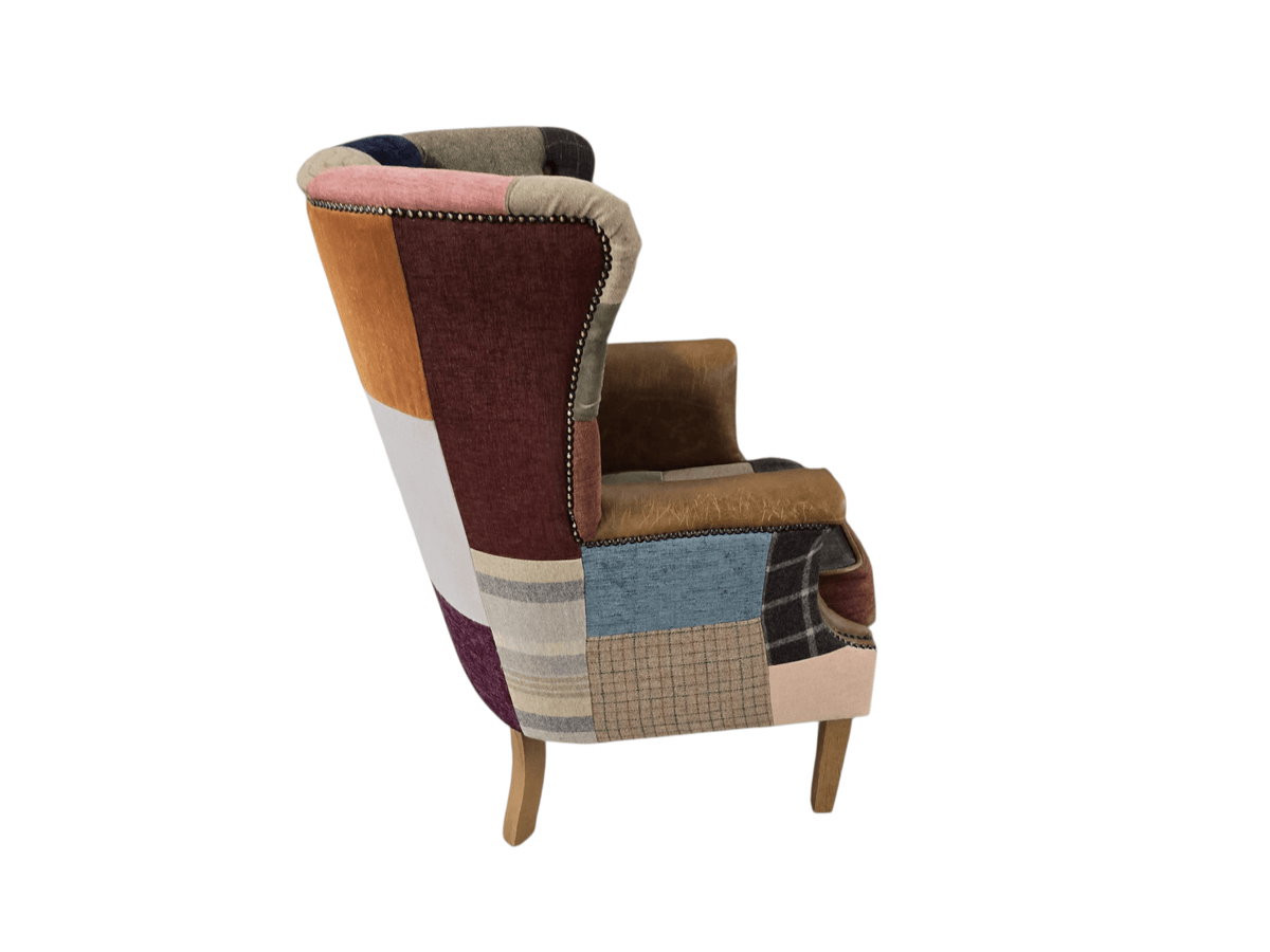 Kensington Vintage Patchwork Chesterfield Harris Tweed Wingback Armchair & Matching Ottoman - Opulent Seating