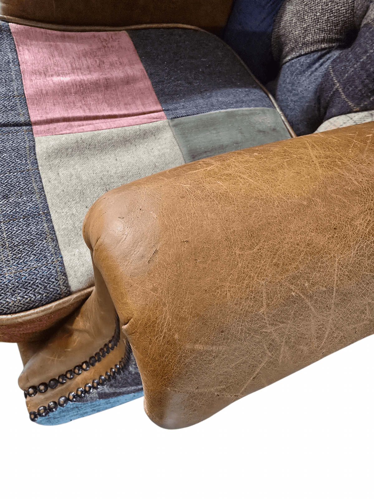 Kensington Vintage Patchwork Chesterfield Harris Tweed Wingback Armchair & Matching Ottoman - Opulent Seating