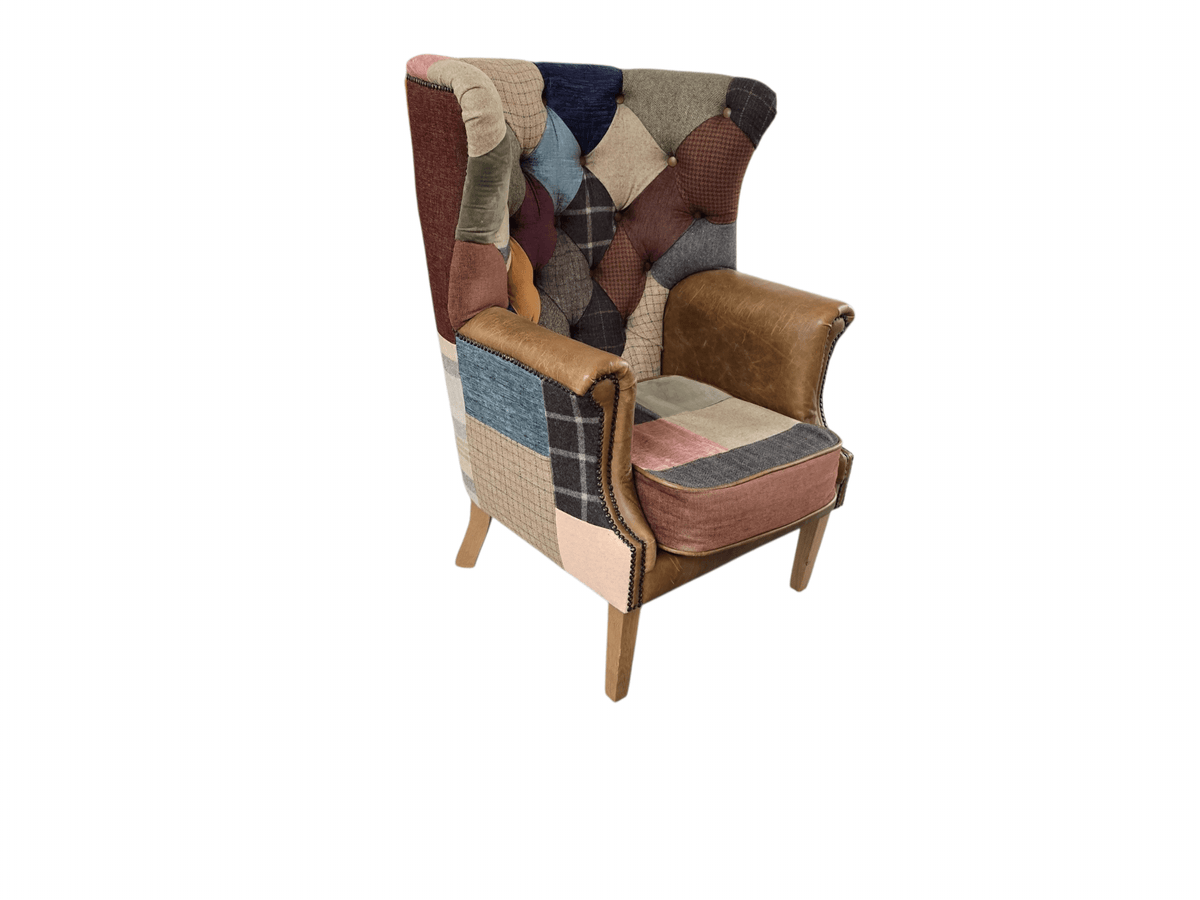 Kensington Vintage Patchwork Chesterfield Harris Tweed Wingback Armchair & Matching Ottoman - Opulent Seating