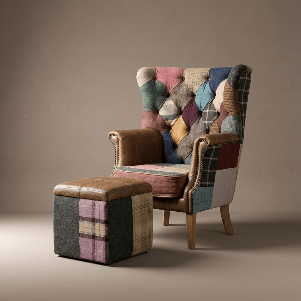 Kensington Vintage Patchwork Chesterfield Harris Tweed Wingback Armchair & Matching Ottoman - Opulent Seating