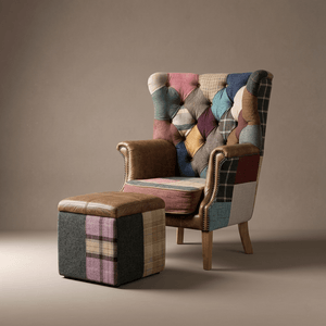 Kensington Vintage Patchwork Chesterfield Harris Tweed Wingback Armchair & Matching Ottoman