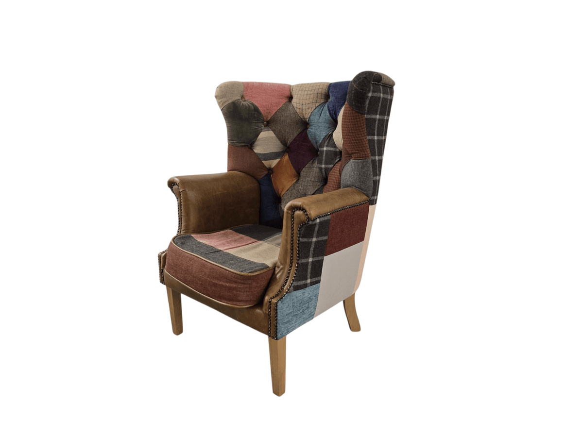Kensington Vintage Patchwork Chesterfield Harris Tweed Wingback Armchair & Matching Ottoman - Opulent Seating