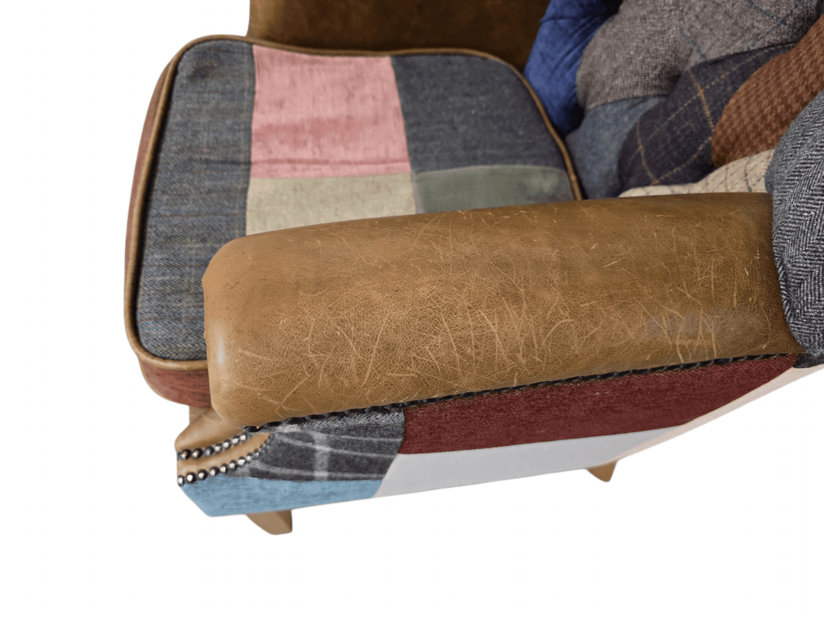 Kensington Vintage Patchwork Chesterfield Harris Tweed Wingback Armchair & Matching Ottoman - Opulent Seating