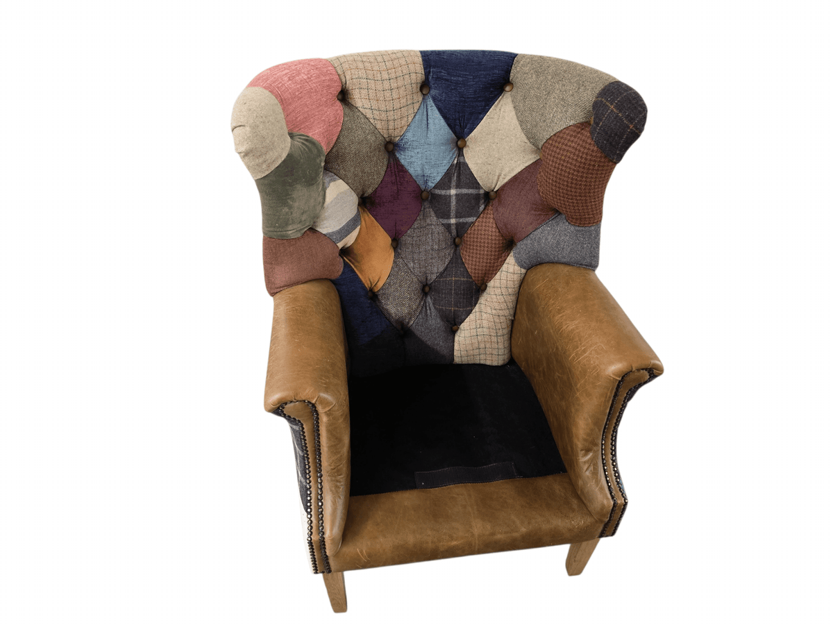 Kensington Vintage Patchwork Chesterfield Harris Tweed Wingback Armchair & Matching Ottoman - Opulent Seating