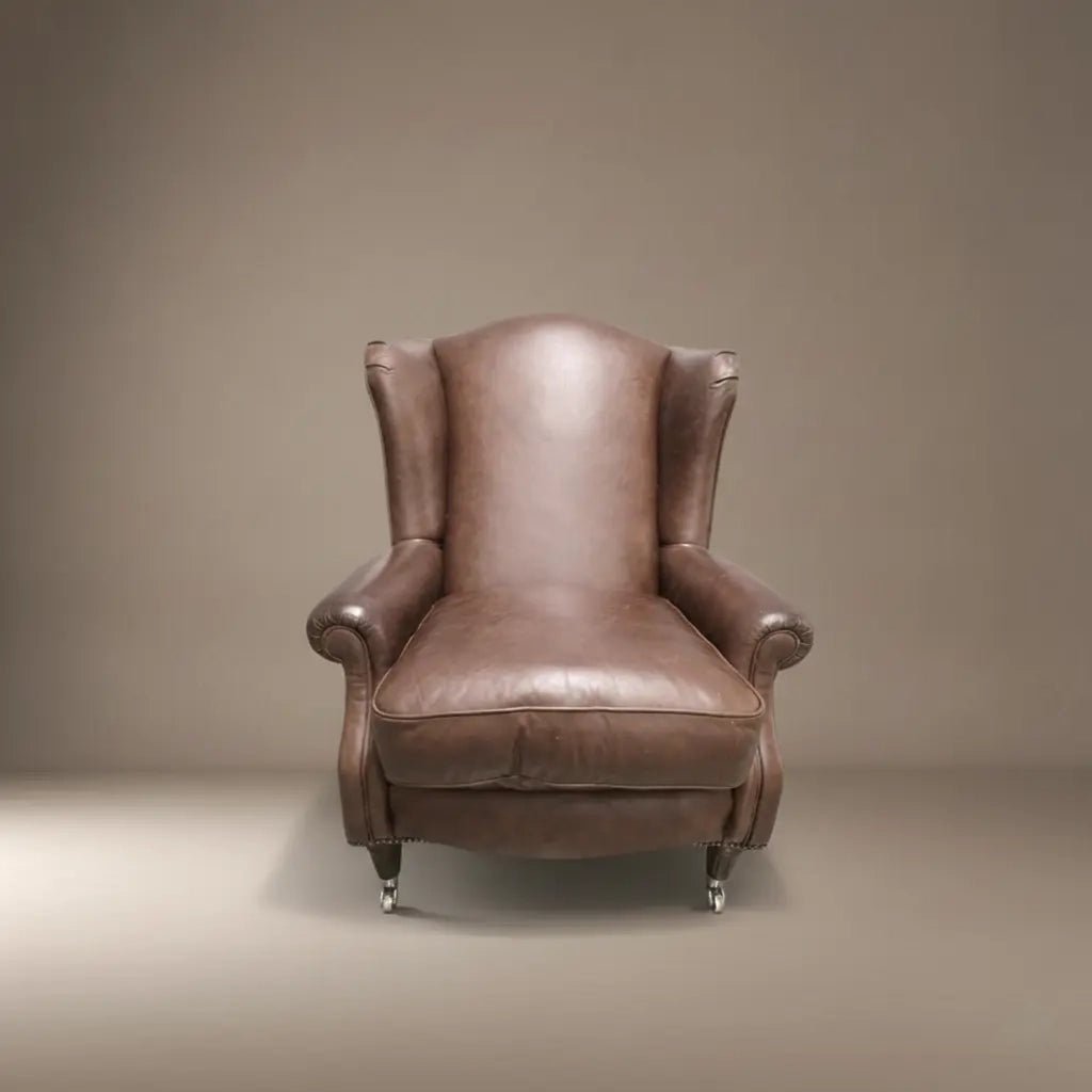 Laura Ashley Southwold Wingback Armchair in Antiqued Dark Brown Leather - Opulent Seating