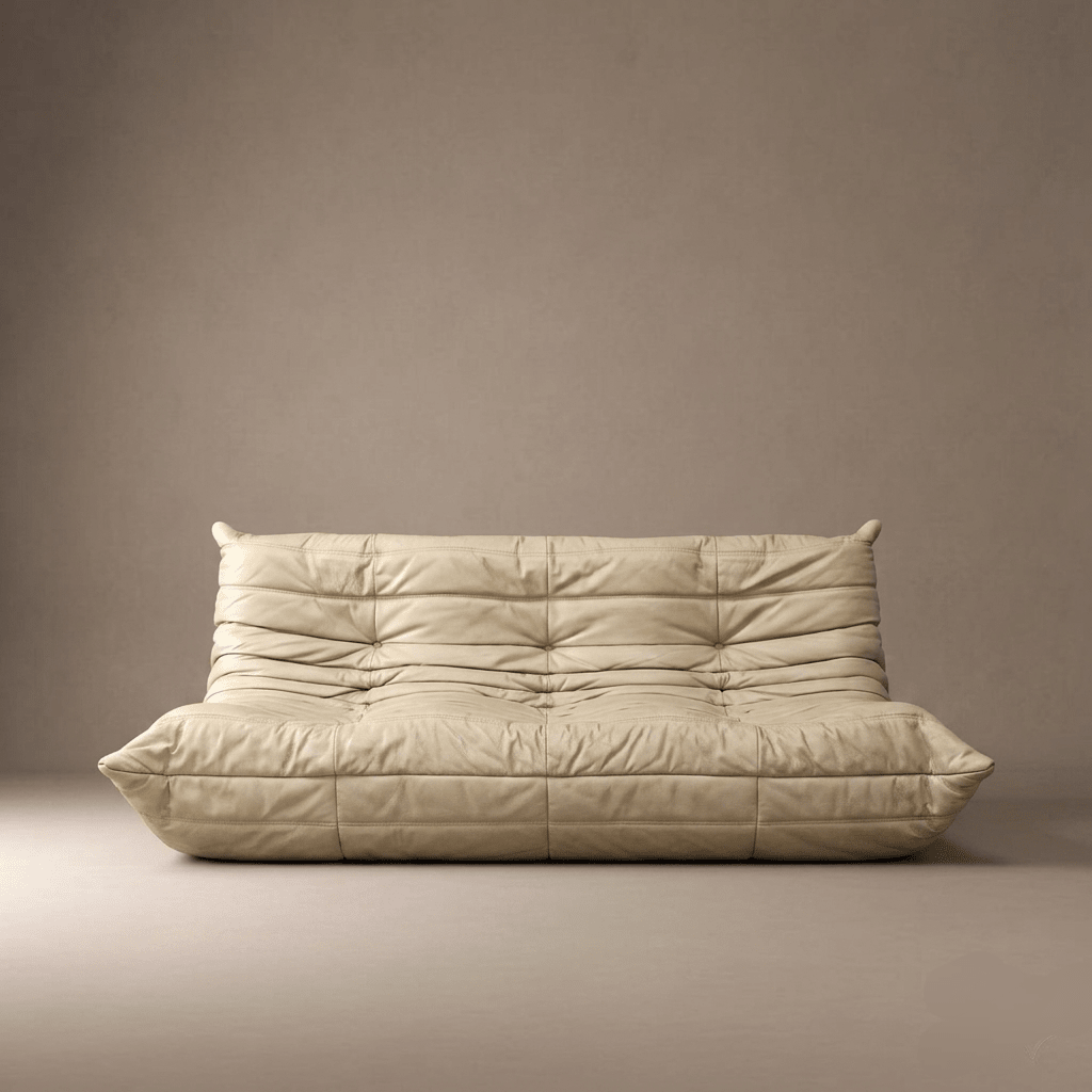 Ligne Roset Light Cream Three Seater Leather Vintage Togo Sofa - Opulent Seating