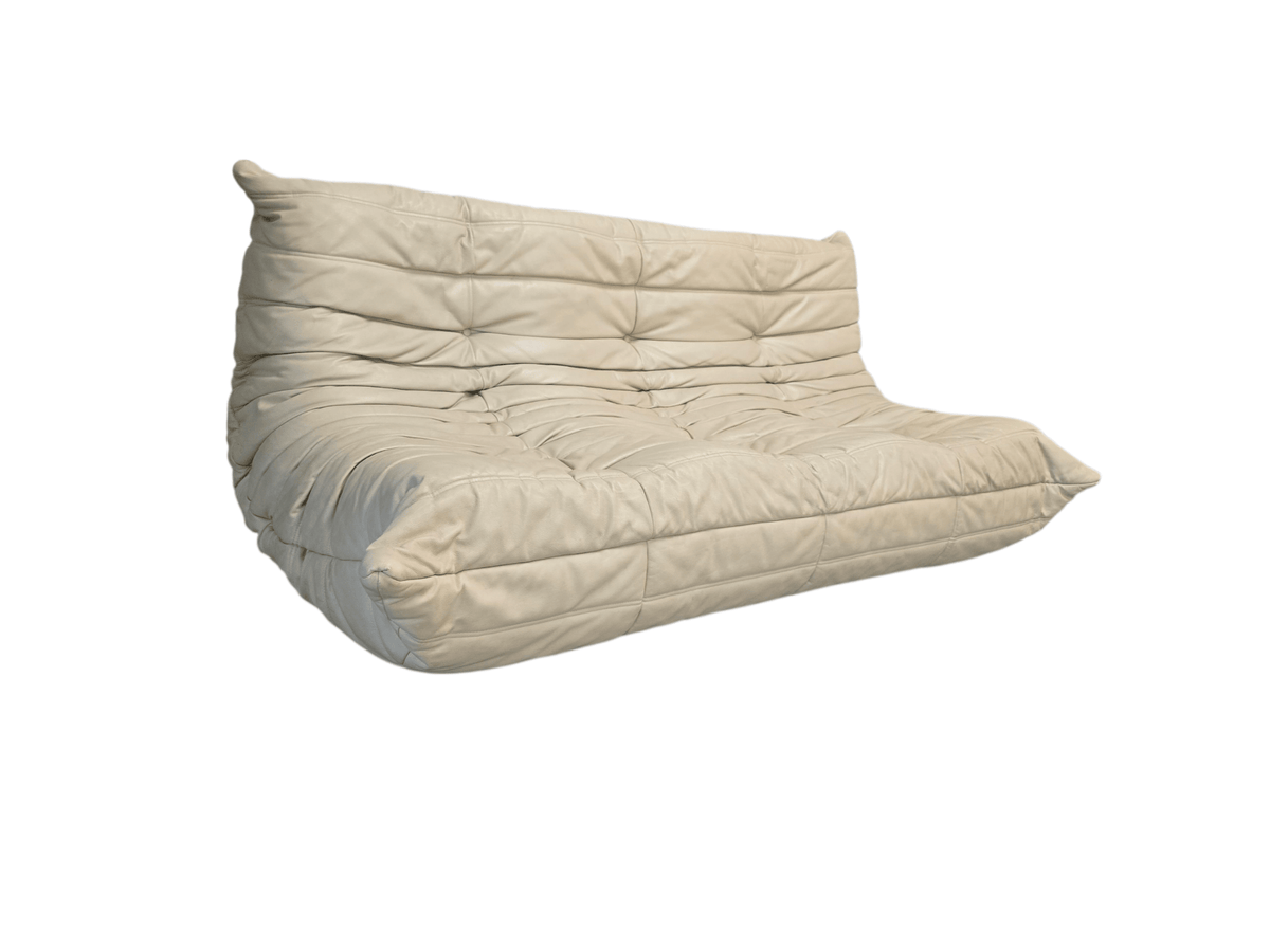 Ligne Roset Light Cream Three Seater Leather Vintage Togo Sofa - Opulent Seating