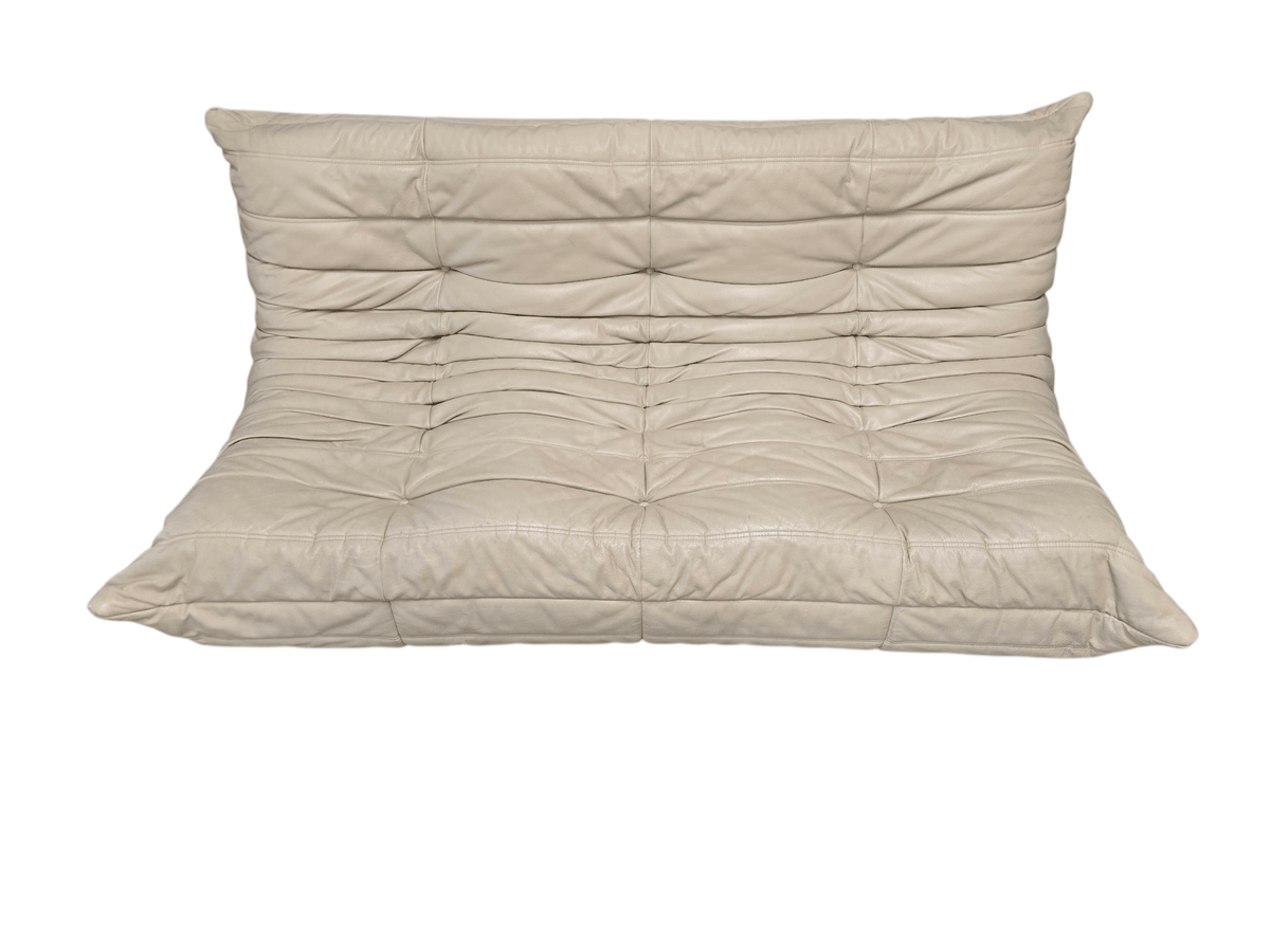 Ligne Roset Light Cream Three Seater Leather Vintage Togo Sofa - Opulent Seating