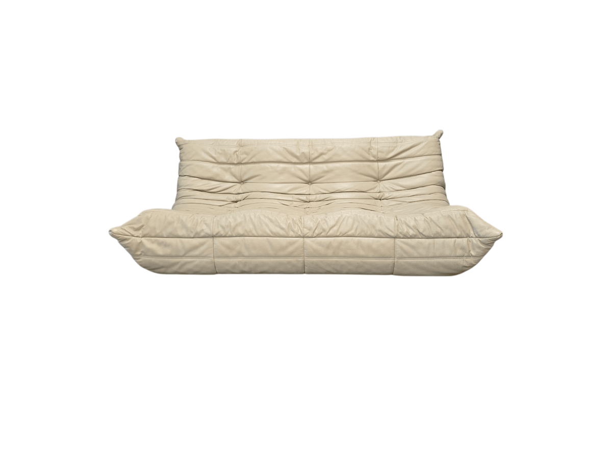 Ligne Roset Light Cream Three Seater Leather Vintage Togo Sofa - Opulent Seating