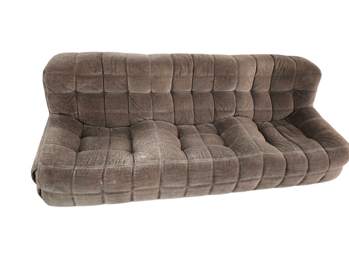 Ligne Roset Vintage Kashima Three Seater Brown Chenille Sofa & Footstool - Opulent Seating
