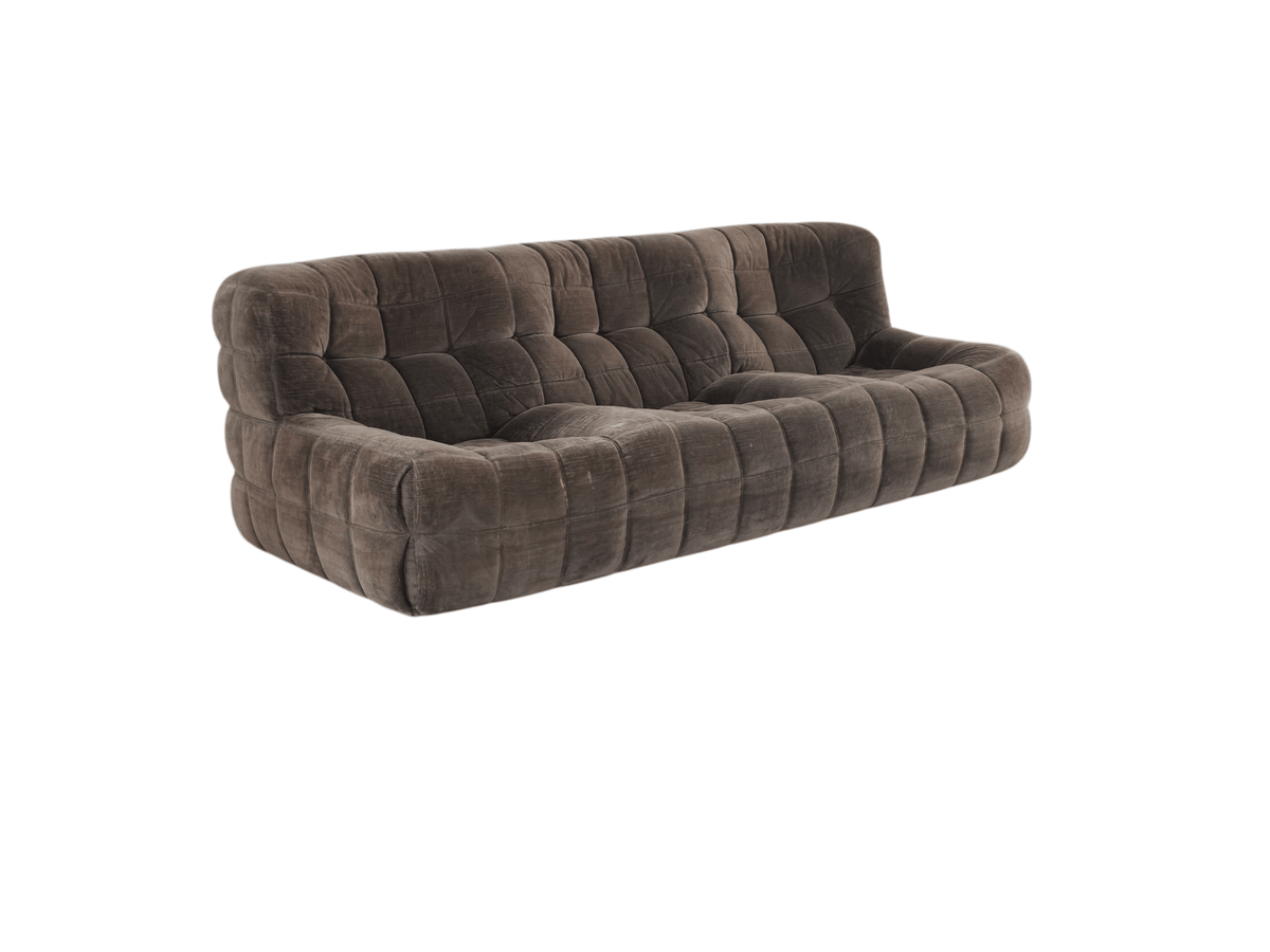 Ligne Roset Vintage Kashima Three Seater Brown Chenille Sofa & Footstool - Opulent Seating