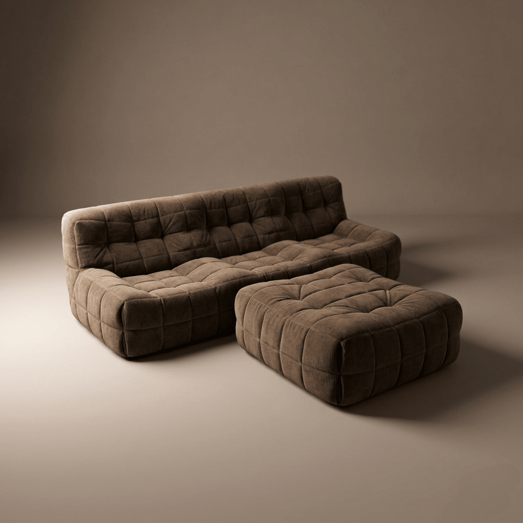 Ligne Roset Vintage Kashima Three Seater Brown Chenille Sofa & Footstool - Opulent Seating