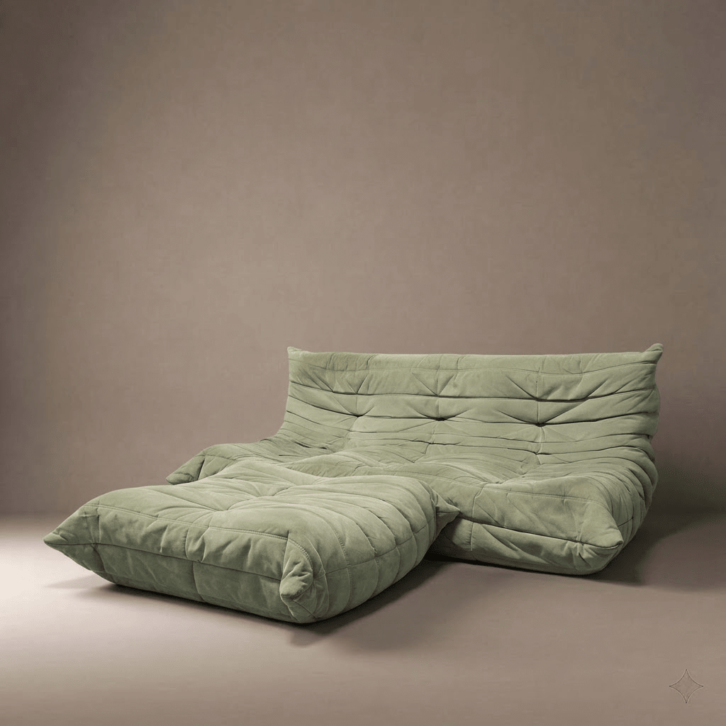 Ligne Roset Vintage Three Seater Togo Sofa & Footstool – Sage Green Alcantara - Opulent Seating