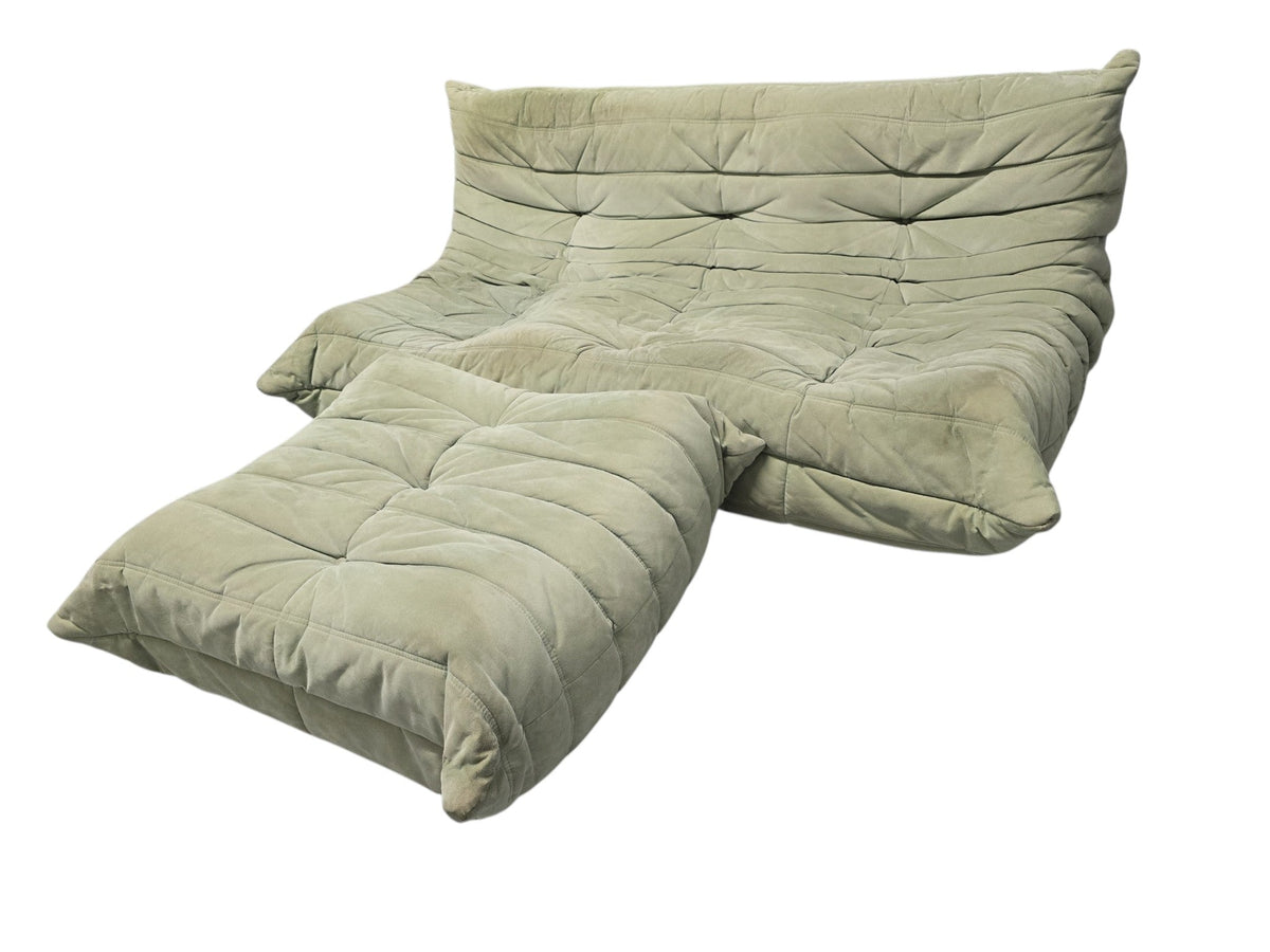 Ligne Roset Vintage Three Seater Togo Sofa & Footstool – Sage Green Alcantara - Opulent Seating
