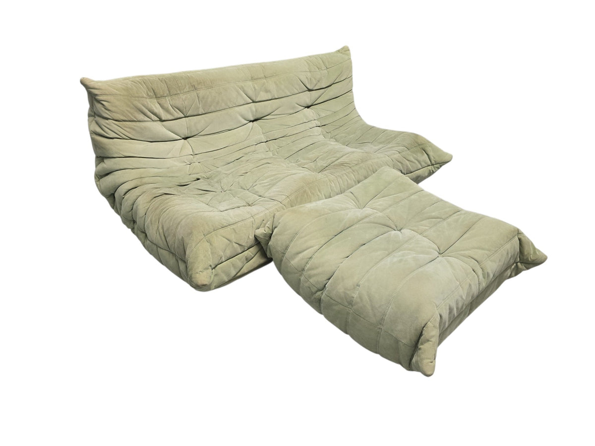 Ligne Roset Vintage Three Seater Togo Sofa & Footstool – Sage Green Alcantara - Opulent Seating