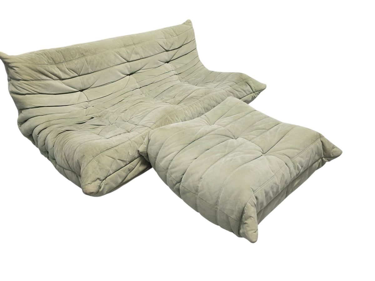 Ligne Roset Vintage Three Seater Togo Sofa & Footstool – Sage Green Alcantara - Opulent Seating