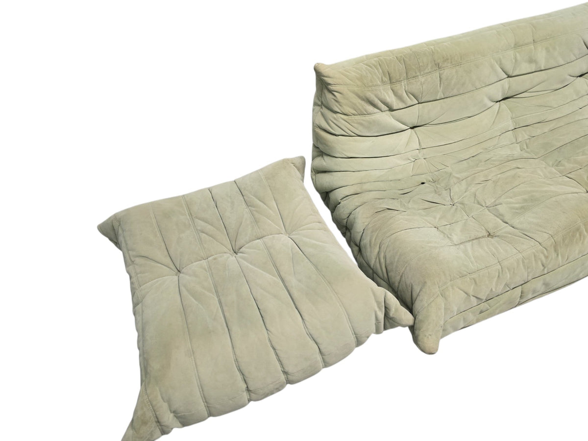 Ligne Roset Vintage Three Seater Togo Sofa & Footstool – Sage Green Alcantara - Opulent Seating