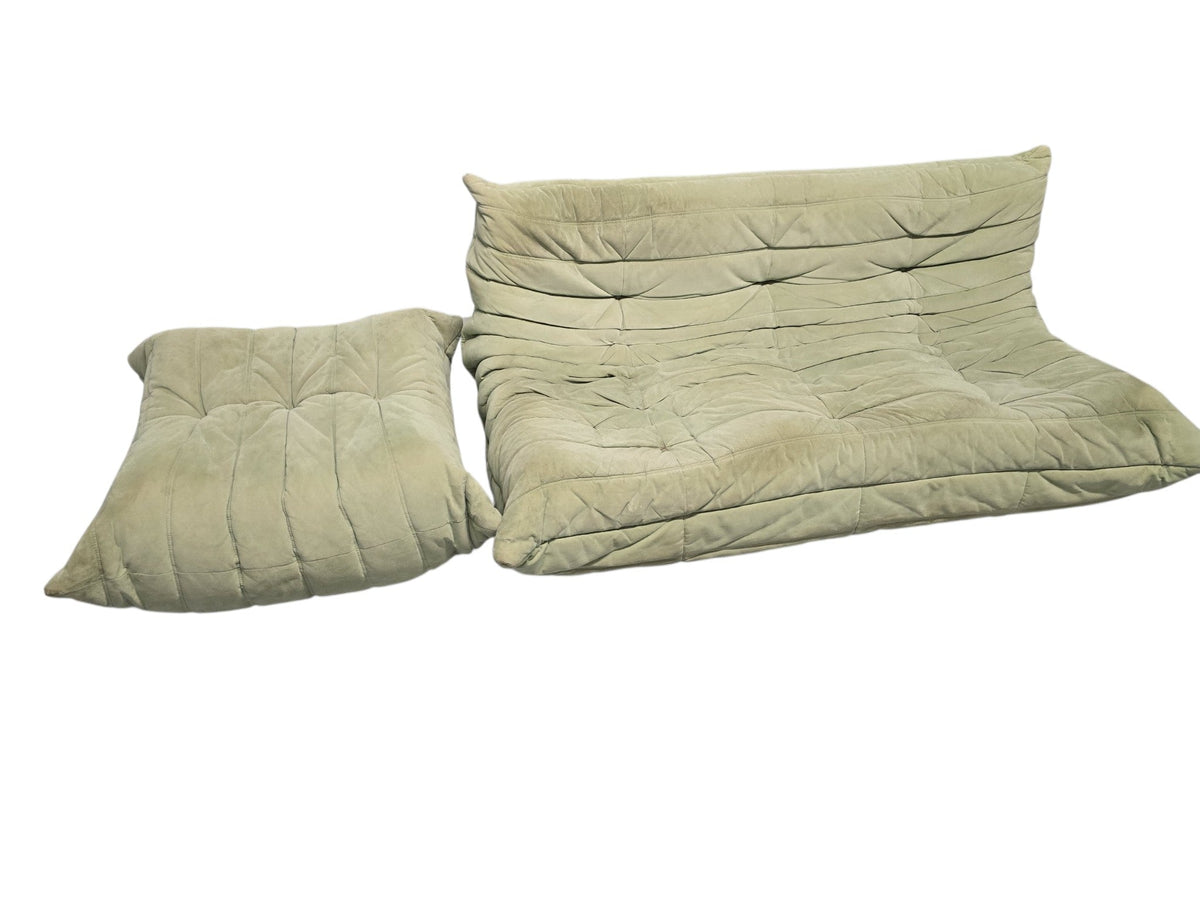 Ligne Roset Vintage Three Seater Togo Sofa & Footstool – Sage Green Alcantara - Opulent Seating