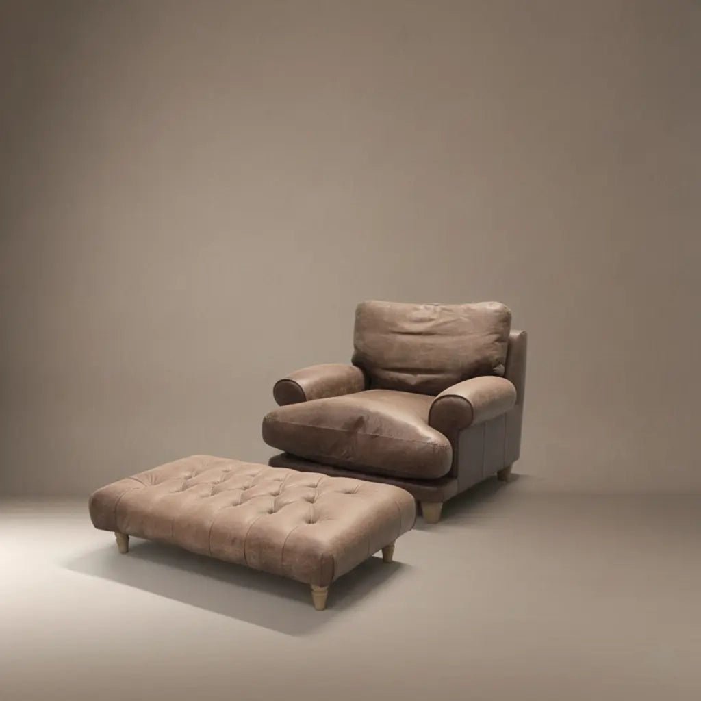 Loaf Dawdler Brown Leather Armchair and Buttoned Footstool - Opulent Seating