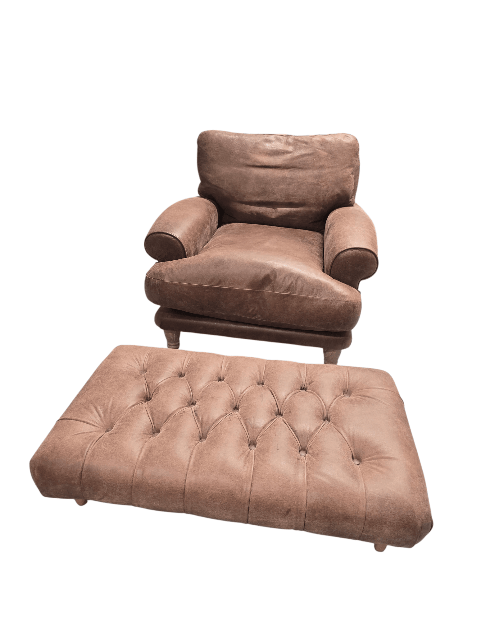 Loaf Dawdler Brown Leather Armchair and Buttoned Footstool - Opulent Seating