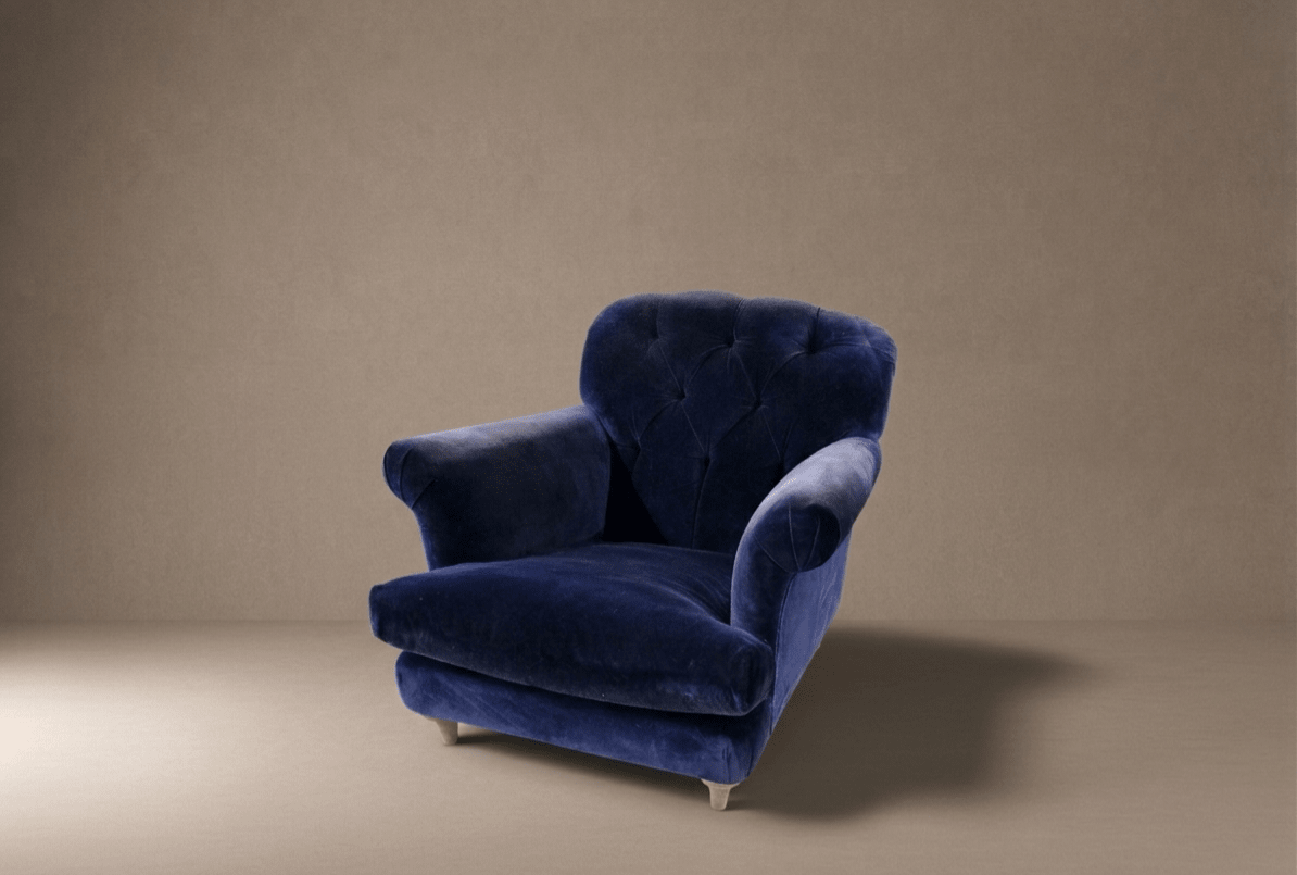 Loaf Truffle Button Back Armchair In Blue Clever Velvet - Opulent Seating